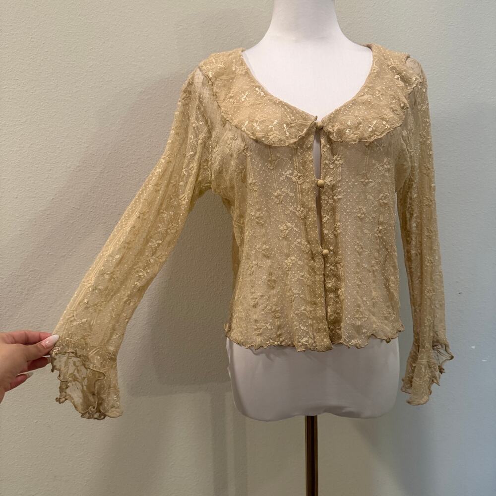 Beige Long Sleeve Lace Sheer Mesh Fairycore Top Small Fairy Coquette Medieval - Picture 4 of 9